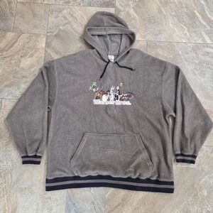 Vintage Warner Bros Looney‎ Tunes Embroidered Fleece Hoodie XXL Gray Cartoon